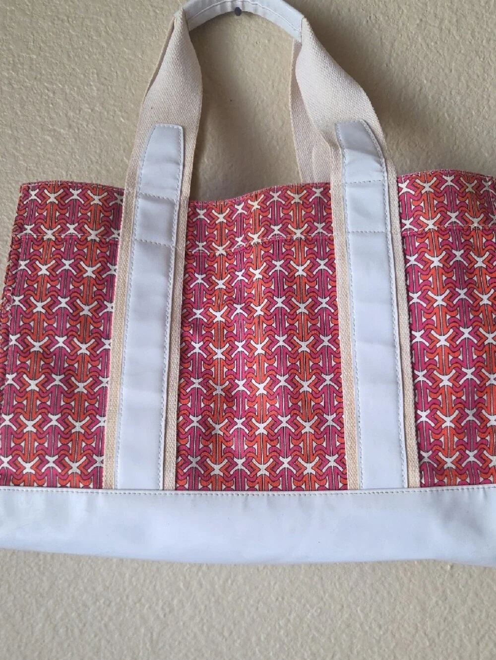 Tory Burch Coral Patterned Canvas Tote with White Trim
